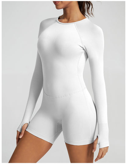 Tuta Corta Manica Lunga Sculptline™ Seconda Pelle — Bianco, indossato (3)
