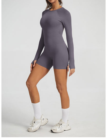 Tuta Corta Manica Lunga Sculptline™ Seconda Pelle — Grigio Fungo, indossato (1)