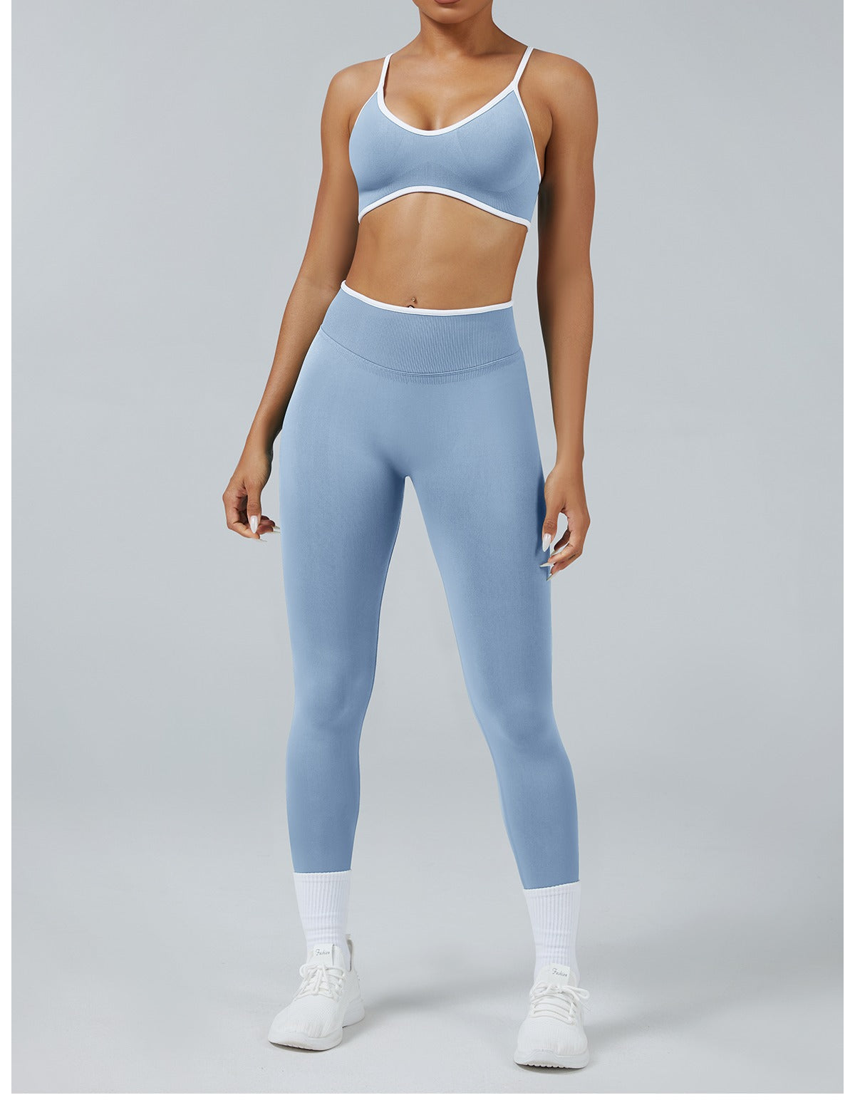 Leggings Line Azzurro Baby con il reggiseno, indossato (1)