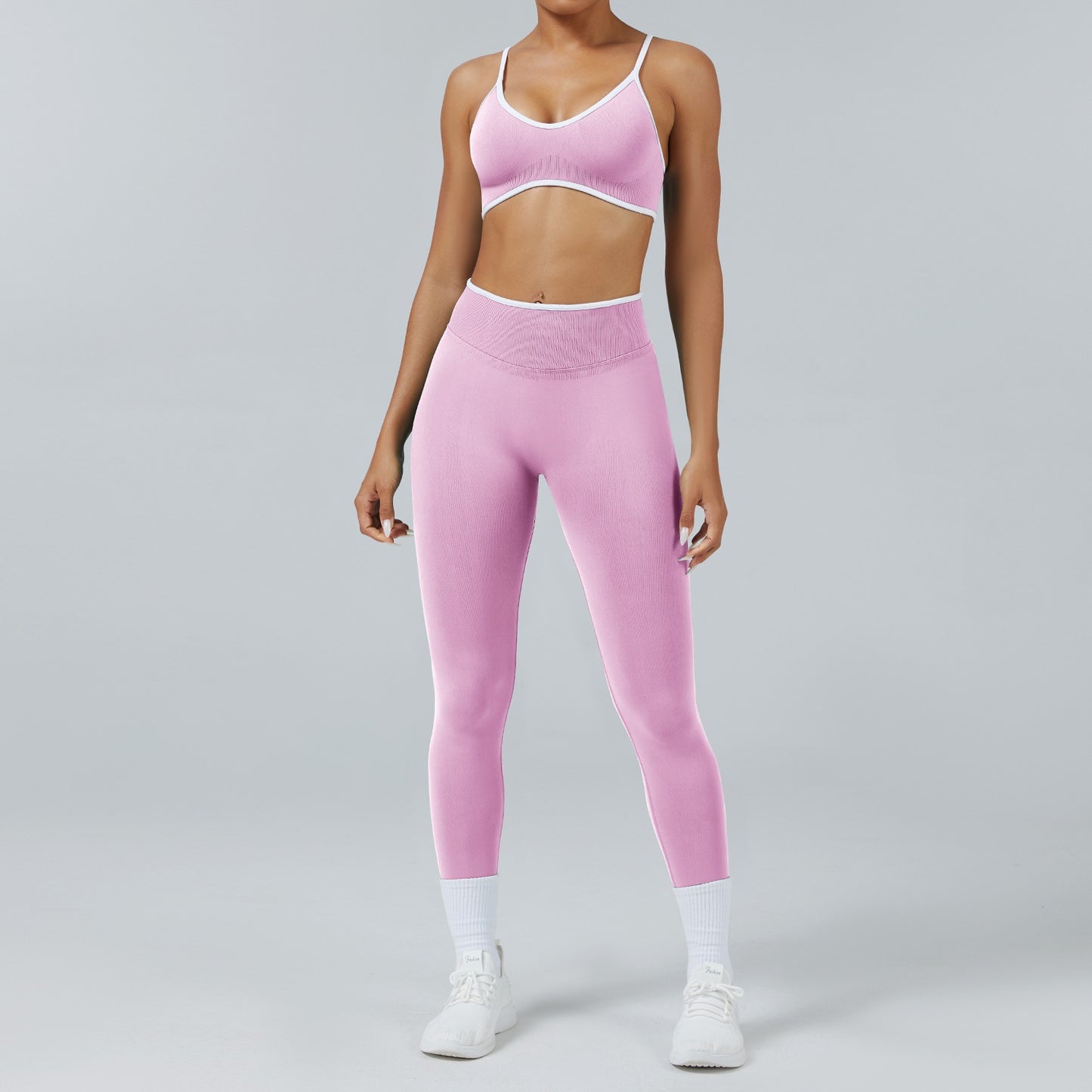 Leggings Line Rosa Orchidea, indossato con il reggiseno