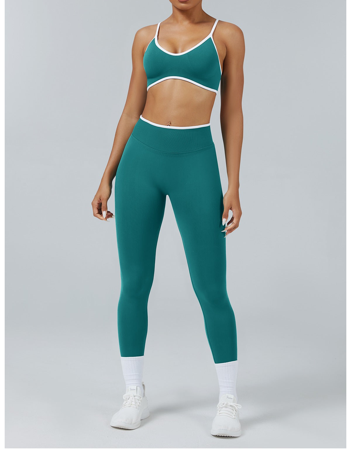 Leggings Line Verde Acqua con il reggiseno, indossato (1)