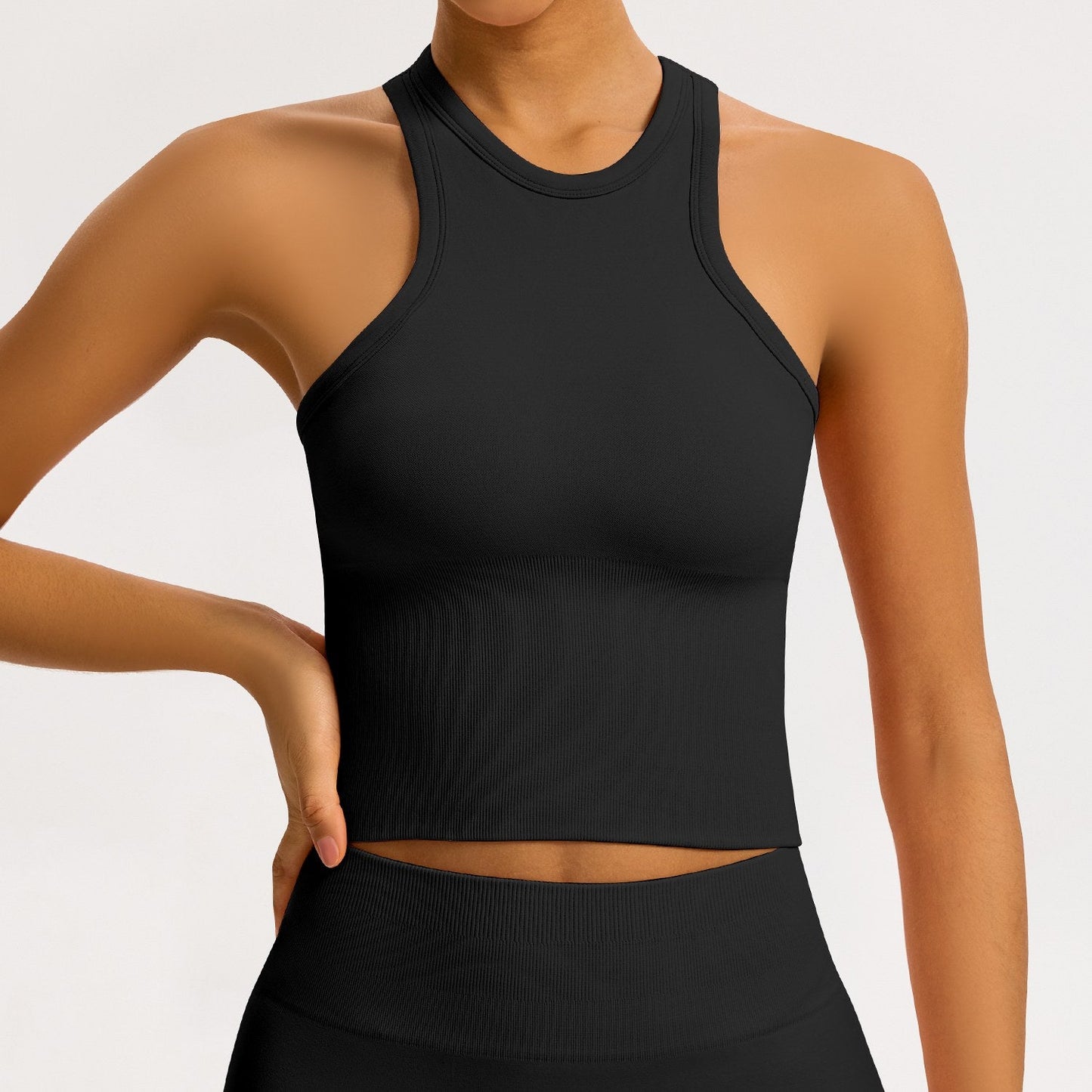 Canotta halter seamless a coste Sculptline, colore Nero
