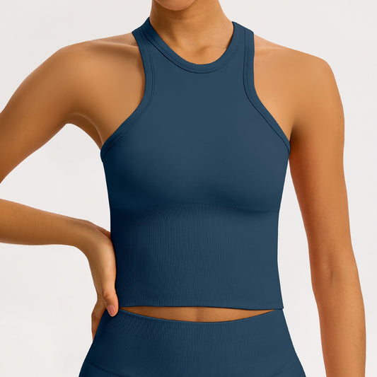 Canotta halter seamless a coste Sculptline, colore Blu Ottanio