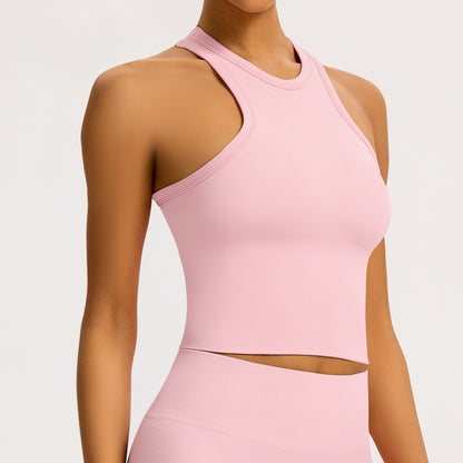 Canotta halter seamless a coste Sculptline, colore Rosa Pesca