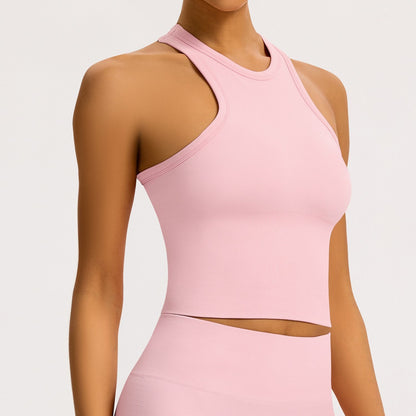 Canotta halter seamless a coste Sculptline, colore Rosa Pesca