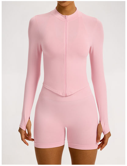 Giacca Zip Sculptline™ Costa — Rosa Pesca, indossato (3)