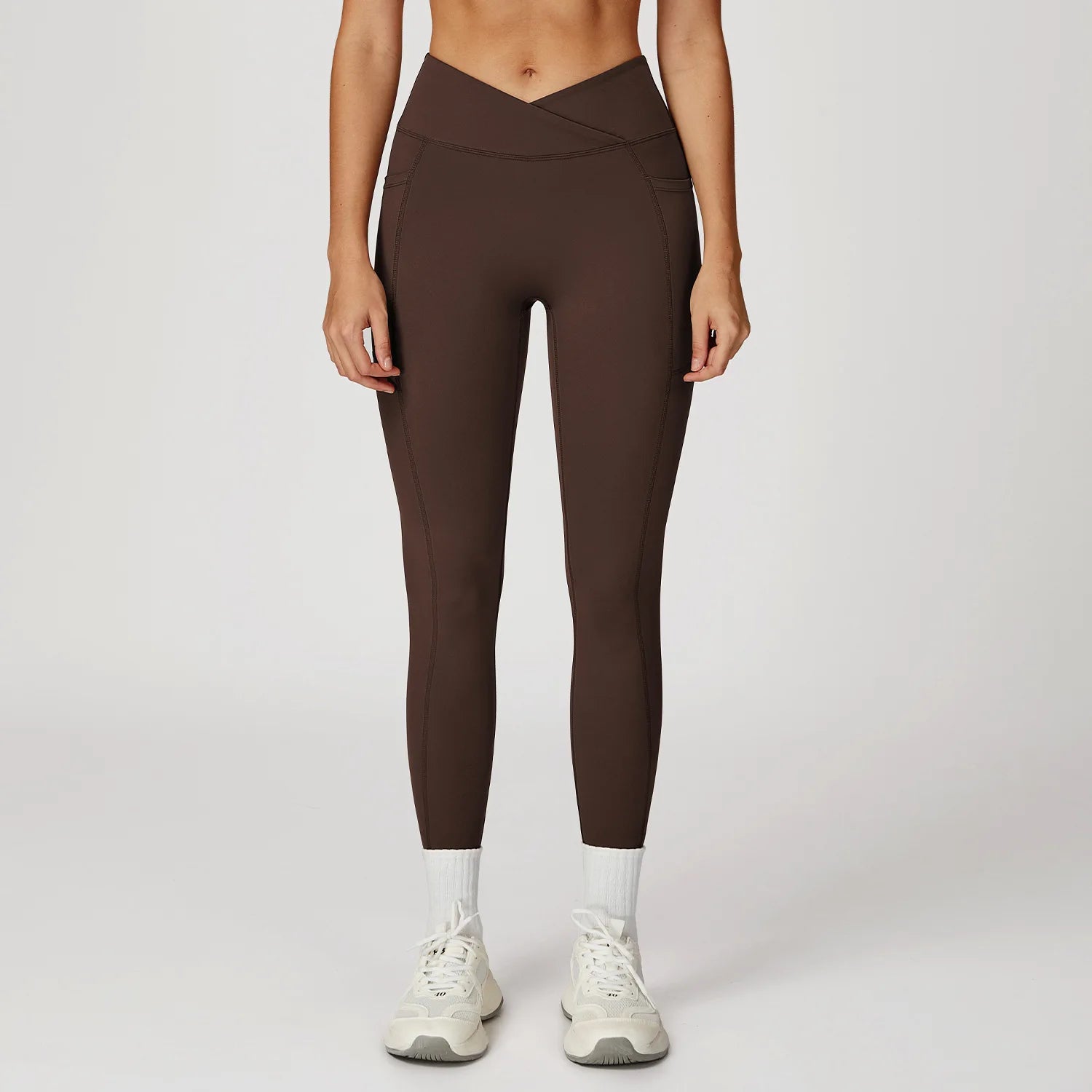 Leggings Vita Alta con Cucitura a V e Tasche Laterali - Cioccolato
