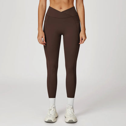 Leggings Vita Alta con Cucitura a V e Tasche Laterali - Cioccolato
