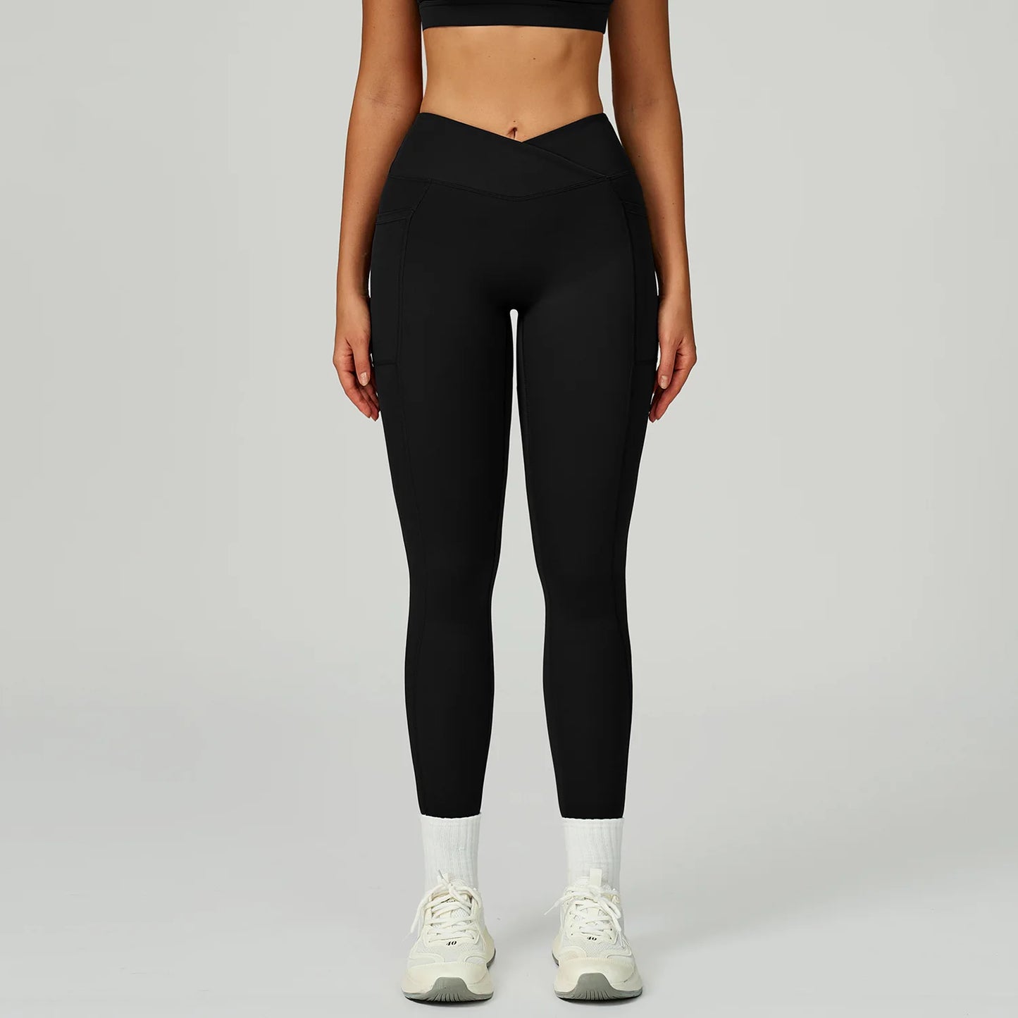 Leggings Vita Alta con Cucitura a V e Tasche Laterali - Nero