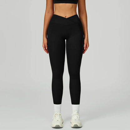Leggings Vita Alta con Cucitura a V e Tasche Laterali - Nero