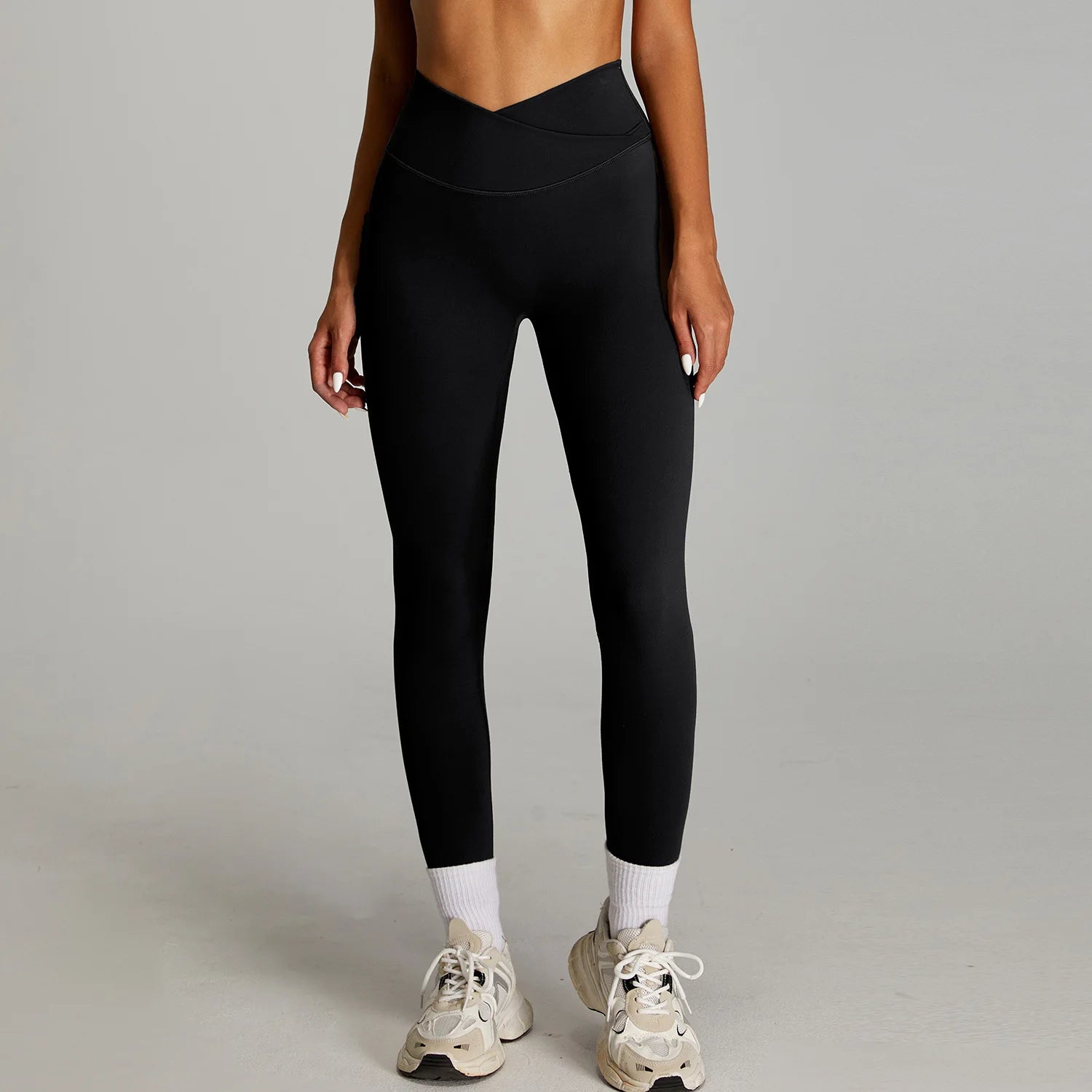 Leggings a Vita Alta con Cintura a V Incrociata - Nero
