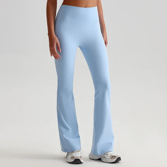 Pantaloni a Zampa Vita Alta con Cucitura a V Posteriore - Azzurro Cielo