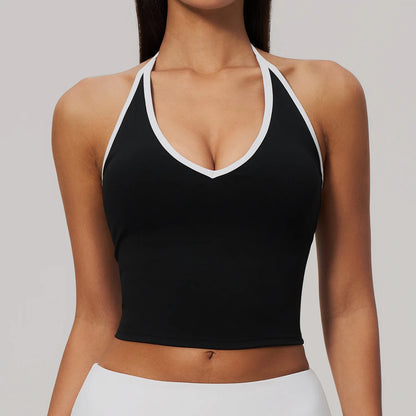 Canotta Halter Crop con Scollo a V e Bordo a Contrasto - Nero con Bordo Bianco
