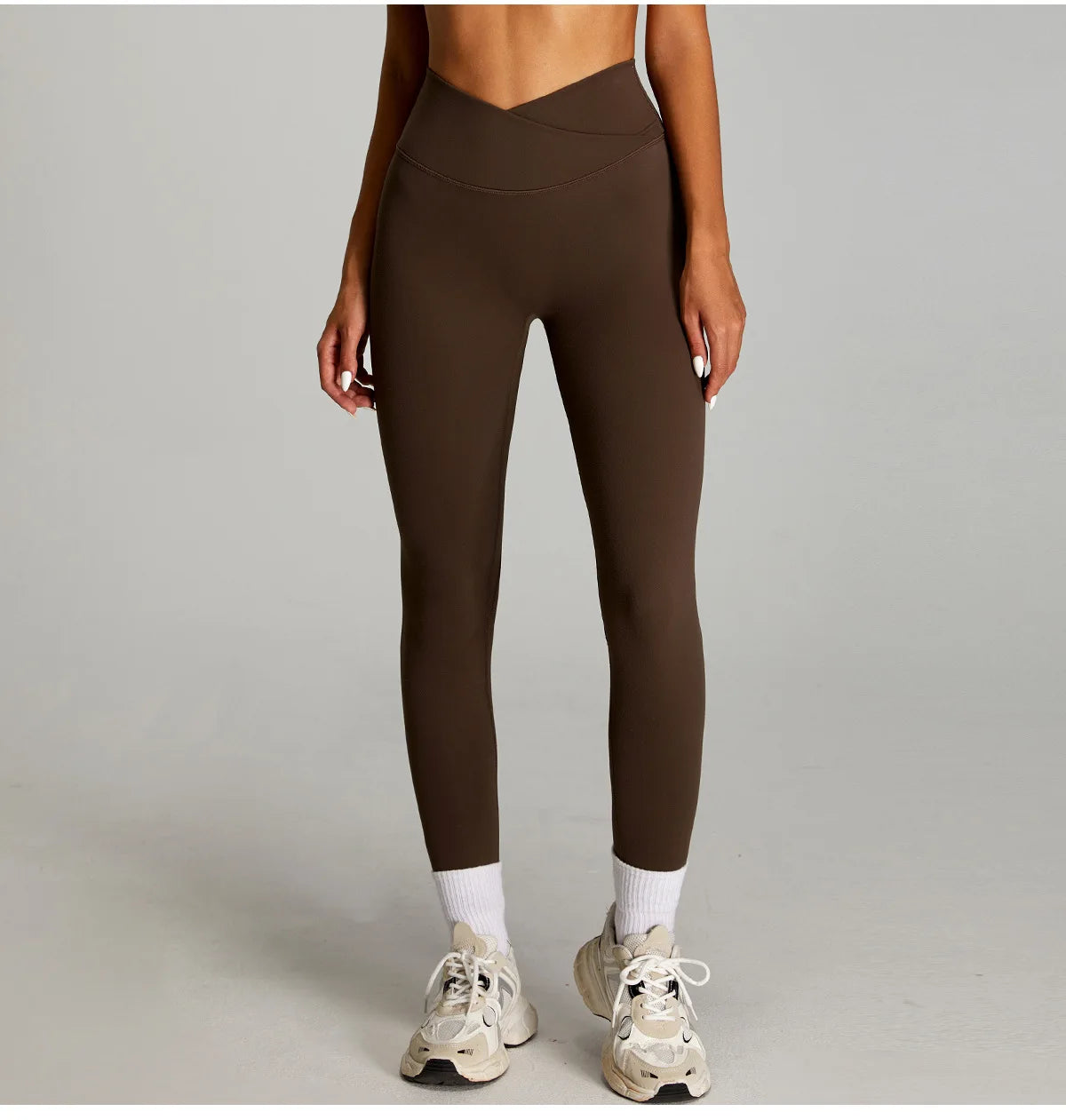Leggings a Vita Alta con Cintura a V Incrociata - Marrone Cioccolato