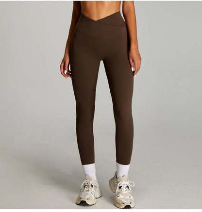 Leggings a Vita Alta con Cintura a V Incrociata - Marrone Cioccolato