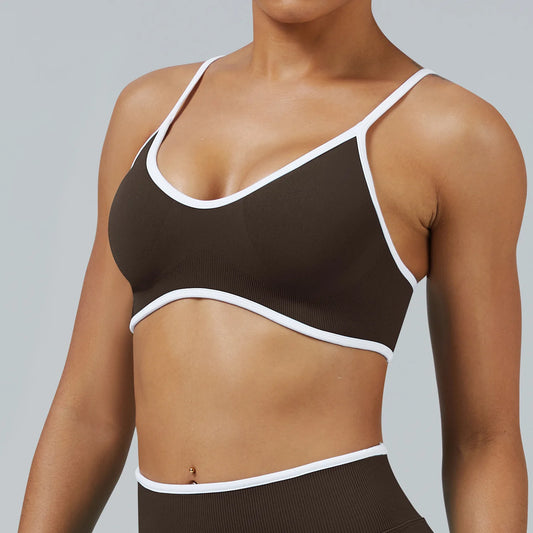 Reggiseno Sportivo Senza Cuciture con Spalline Sottili e Bordo a Contrasto - Cioccolato