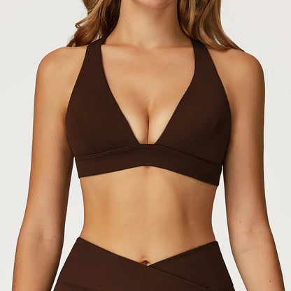 Reggiseno Sportivo con Scollo a V Profondo e Fascia Sottoseno - Cioccolato