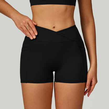 Pantaloncini Vita Alta con Cucitura a V e Tasche Laterali - Nero