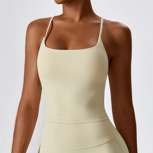 Canotta Sportiva con Spalline Sottili Incrociate e Reggiseno Integrato - Crema