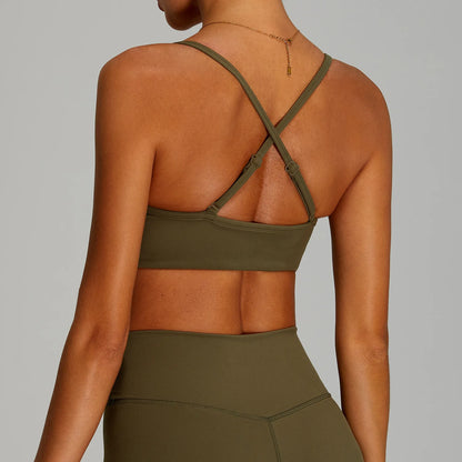 Reggiseno Sportivo con Spalline Sottili e Schiena Incrociata - Verde Oliva