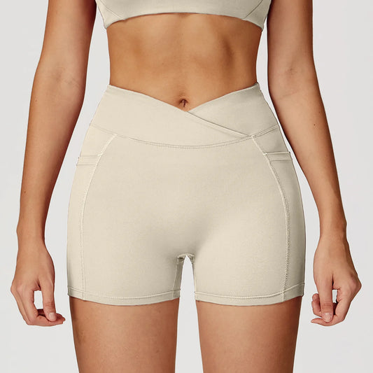 Pantaloncini Vita Alta con Cucitura a V e Tasche Laterali - Crema