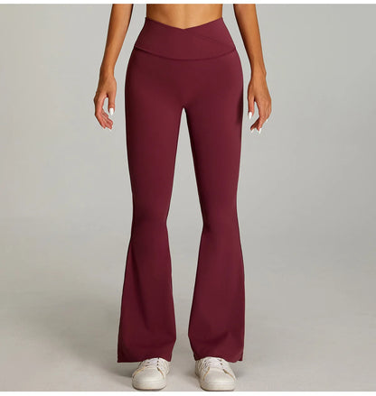 Pantaloni Flare a Vita Alta con Cintura a V Incrociata - Bordeaux