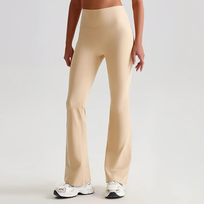 Pantaloni a Zampa Vita Alta con Cucitura a V Posteriore - Crema