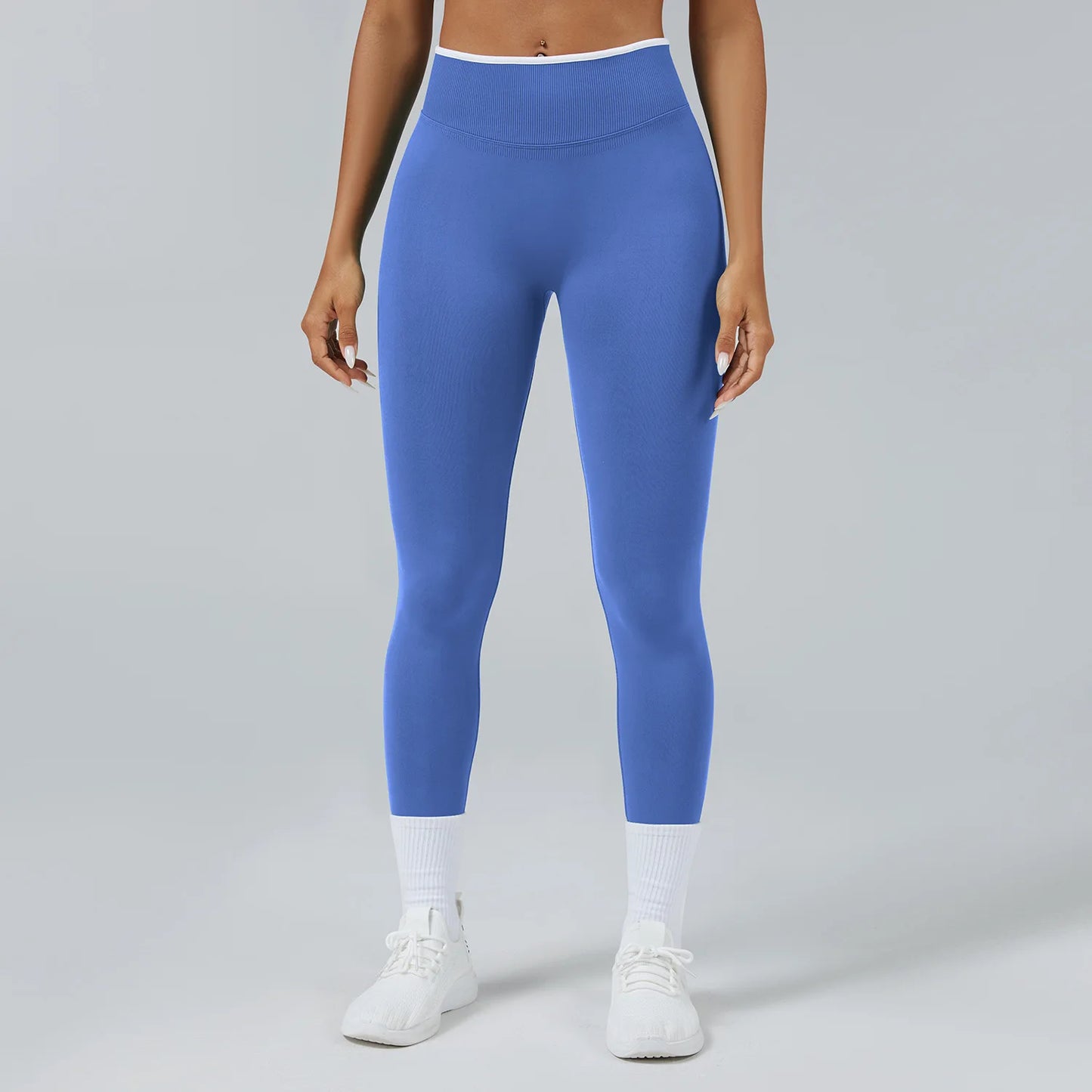 Leggings Vita Alta Senza Cuciture con Effetto Push Up e Bordo a Contrasto - Blu