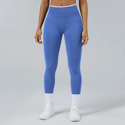 Leggings Vita Alta Senza Cuciture con Effetto Push Up e Bordo a Contrasto - Blu