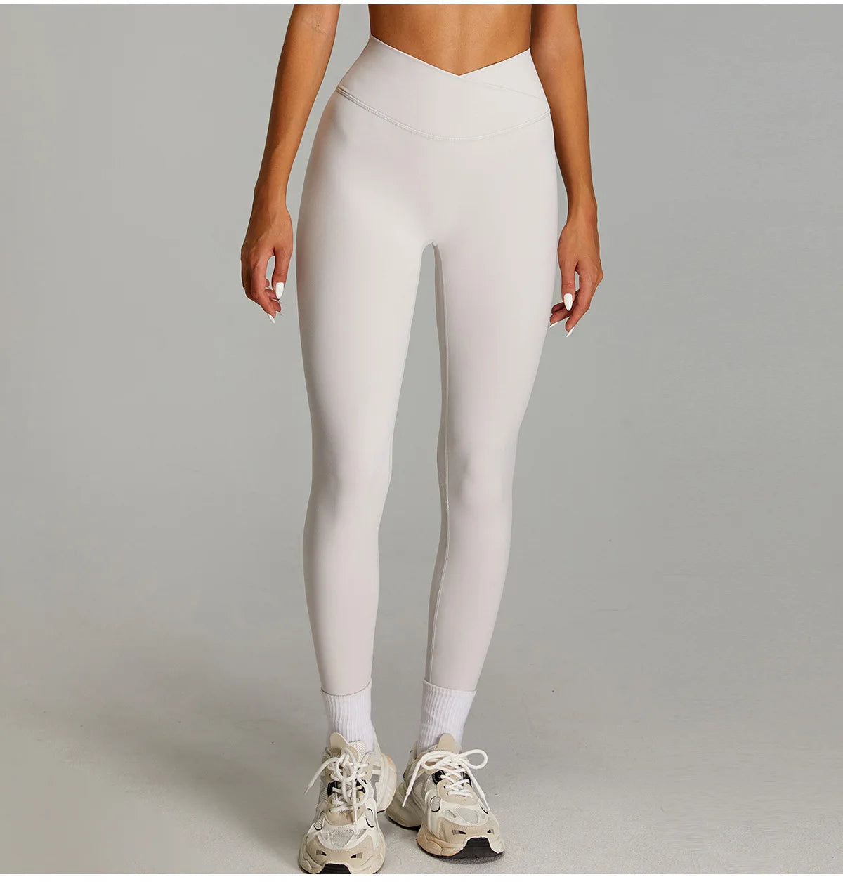 Leggings a Vita Alta con Cintura a V Incrociata - Crema