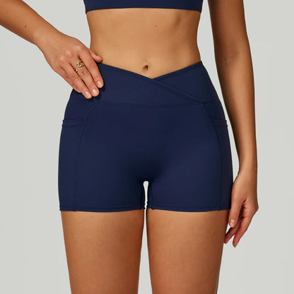 Pantaloncini Vita Alta con Cucitura a V e Tasche Laterali - Blu Navy