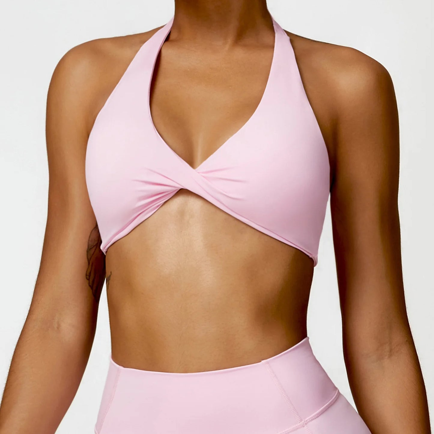 Reggiseno Sportivo Halter con Nodo Frontale e Schiena Scoperta - Rosa Confetto