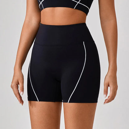 Shorts Sportivi a Vita Alta con Cuciture a Contrasto - Nero