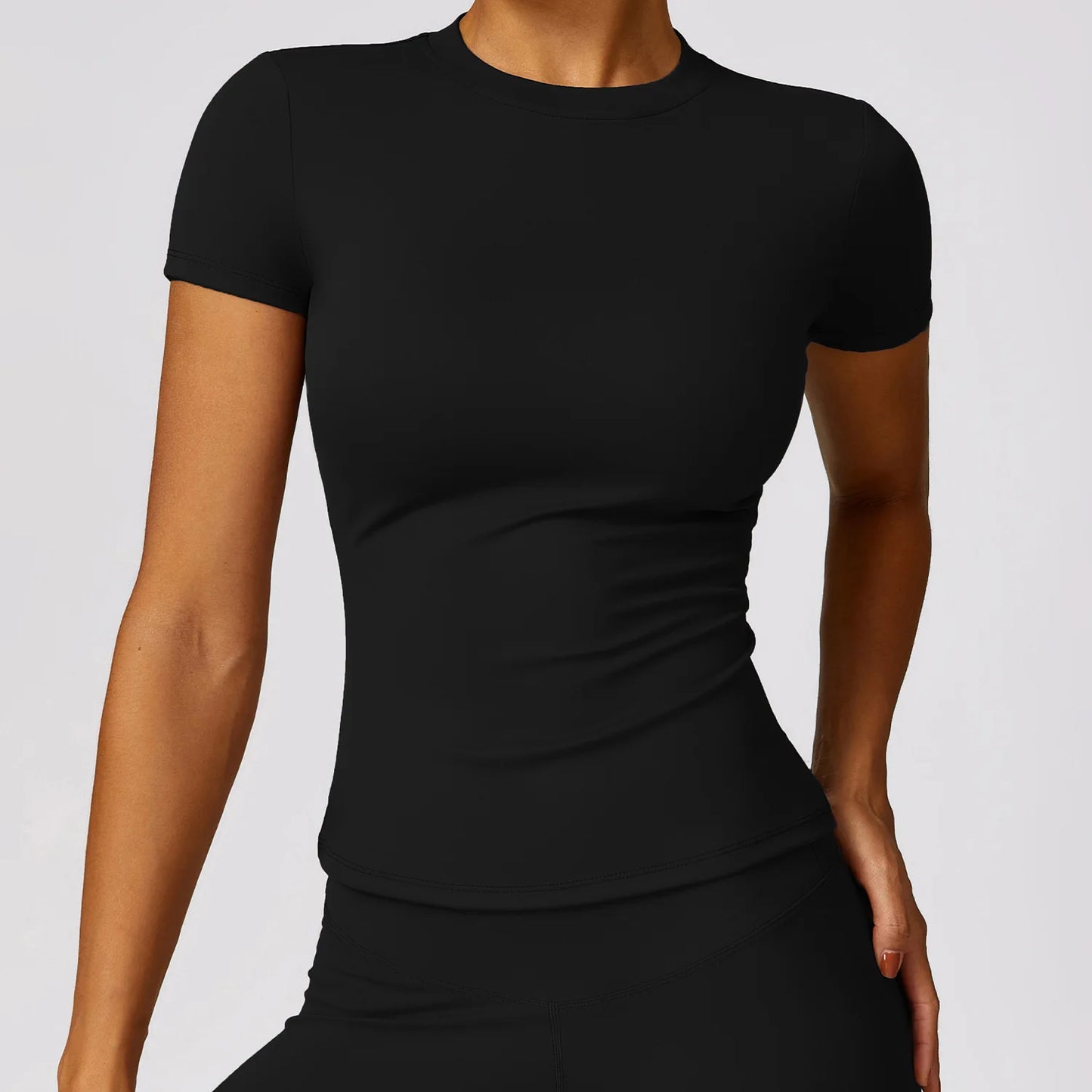Maglia Aderente a Maniche Corte Girocollo Effetto Seconda Pelle - Nero