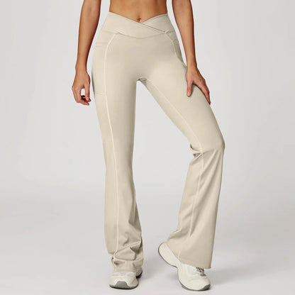 Pantaloni a Zampa Vita Alta con Cucitura a V e Tasche Laterali - Crema