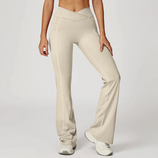 Pantaloni a Zampa Vita Alta con Cucitura a V e Tasche Laterali - Crema