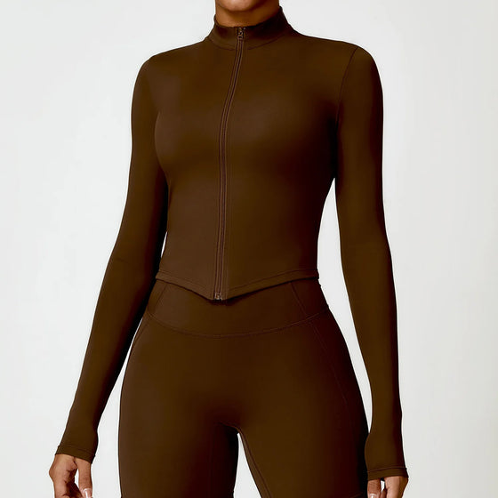 Cropped Full-Zip Jacket with High Collar and Thumbholes