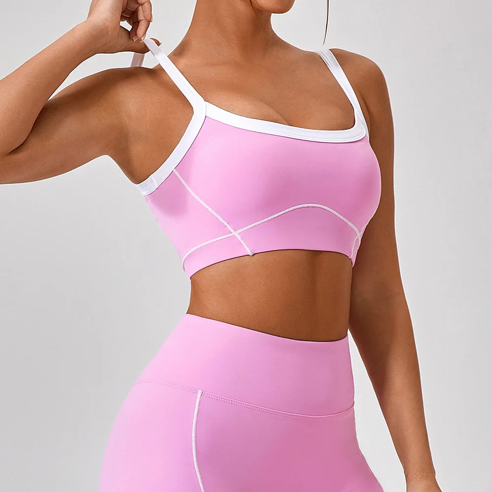 Reggiseno Sportivo con Spalline Sottili e Cuciture a Contrasto - Rosa Confetto