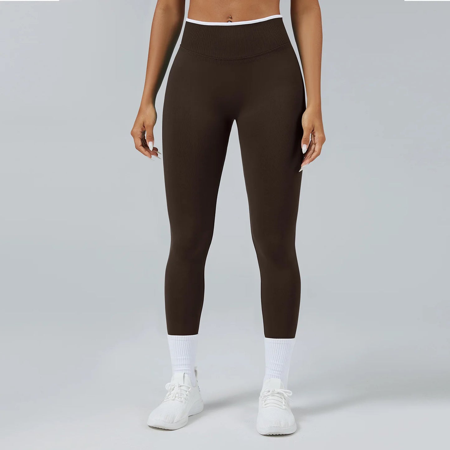 Leggings Vita Alta Senza Cuciture con Effetto Push Up e Bordo a Contrasto - Cioccolato