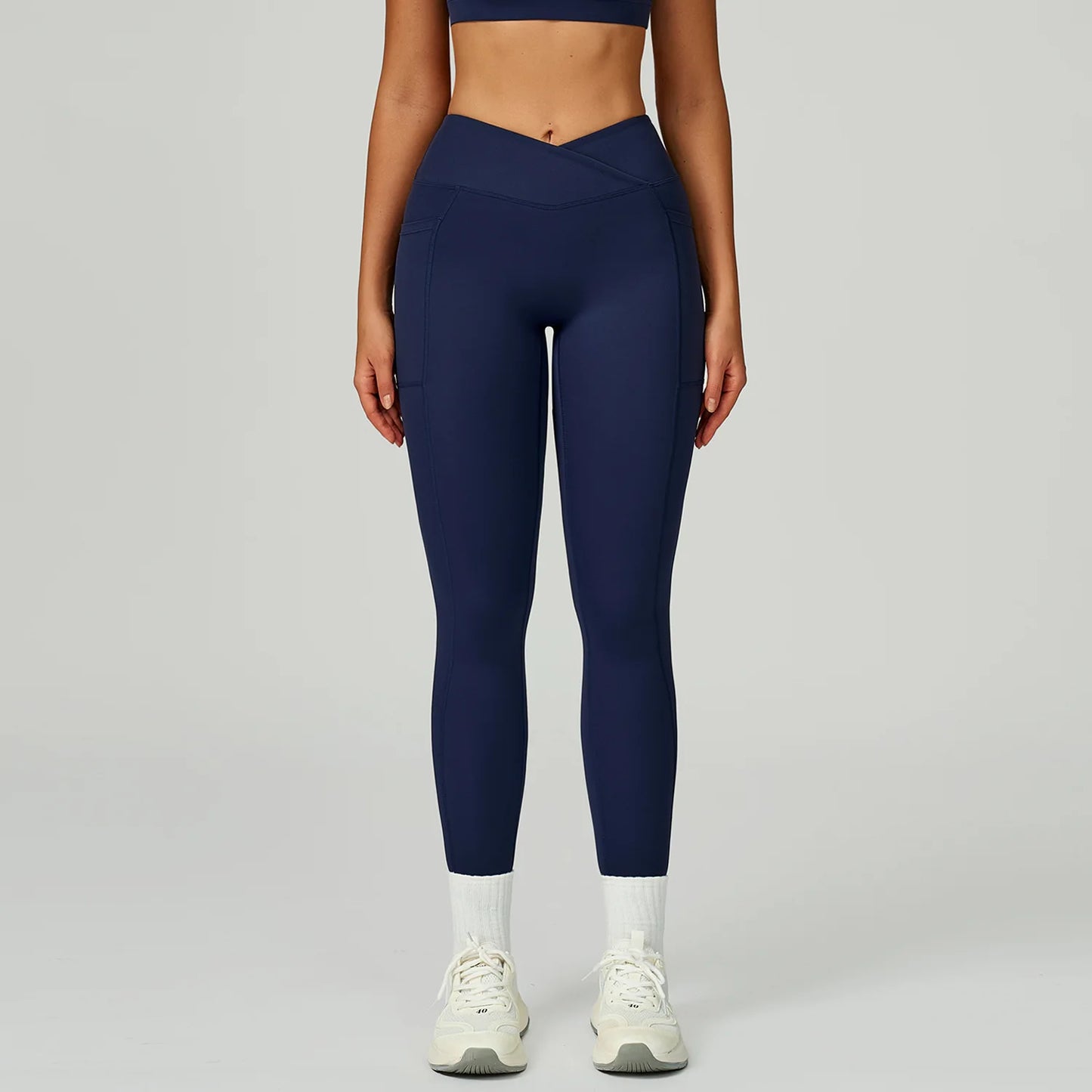 Leggings Vita Alta con Cucitura a V e Tasche Laterali - Blu Navy