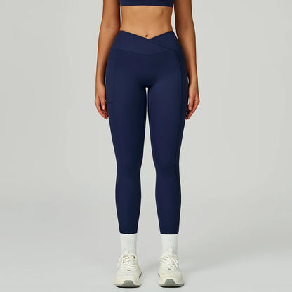 Leggings Vita Alta con Cucitura a V e Tasche Laterali - Blu Navy