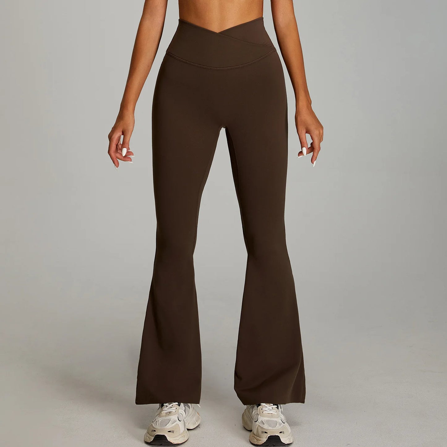 Pantaloni Flare a Vita Alta con Cintura a V Incrociata - Marrone Cioccolato