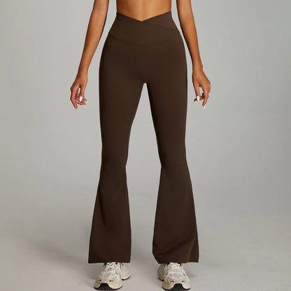Pantaloni Flare a Vita Alta con Cintura a V Incrociata - Marrone Cioccolato