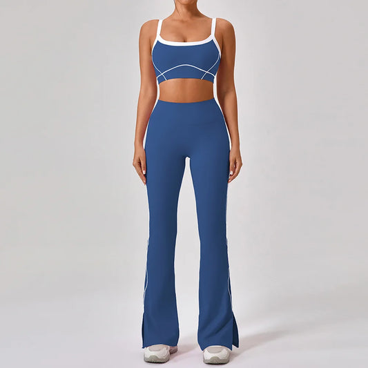 Completo Sportivo Reggiseno e Pantalone a Zampa con Cuciture a Contrasto