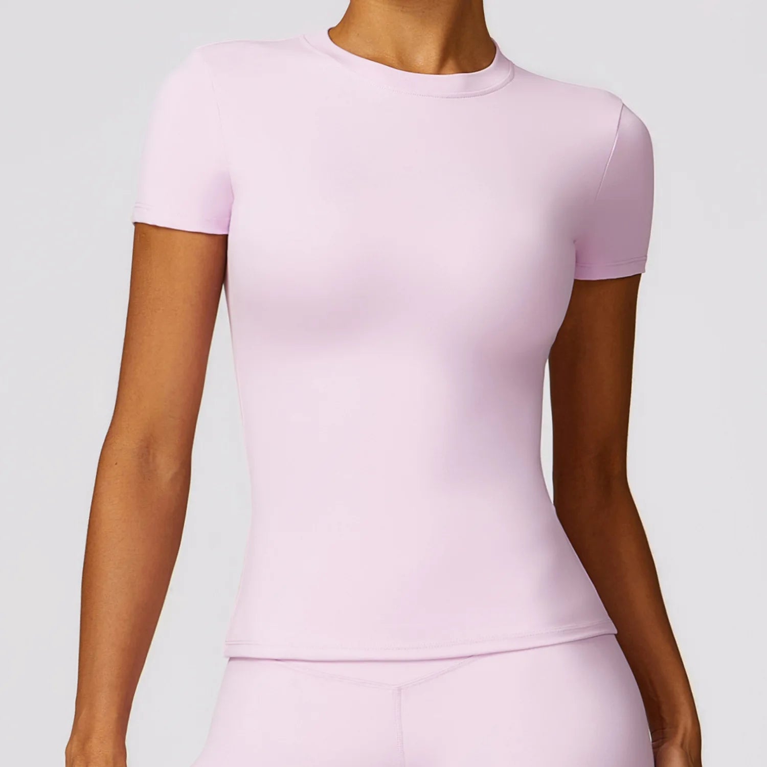 Maglia Aderente a Maniche Corte Girocollo Effetto Seconda Pelle - Rosa Confetto