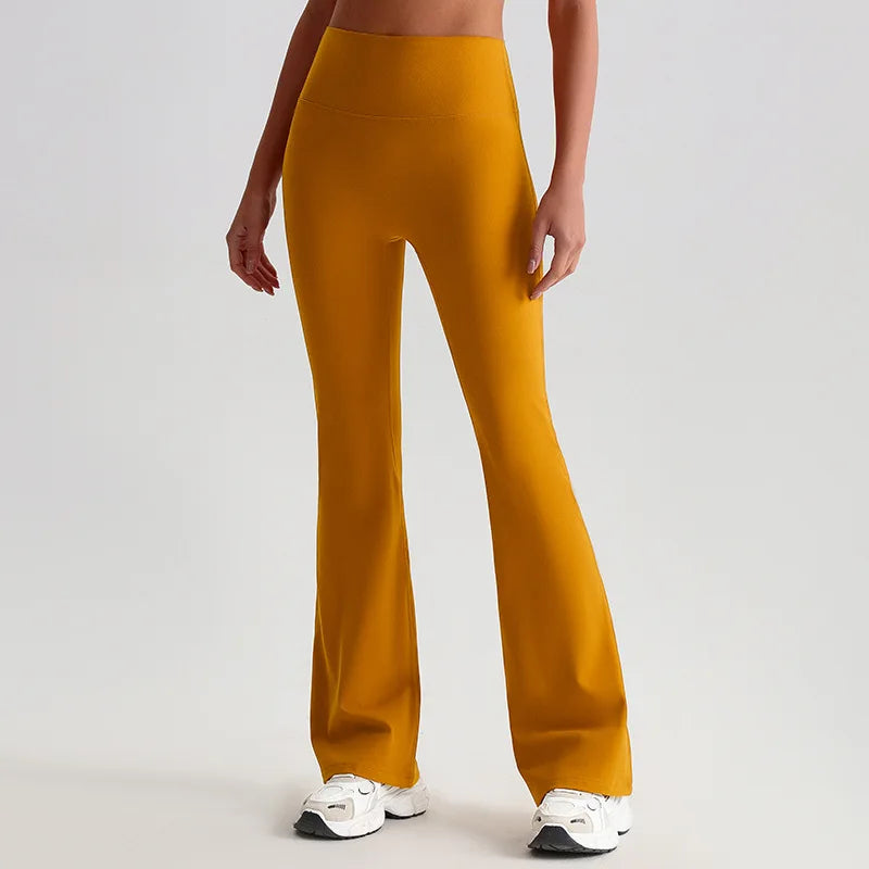 Pantaloni a Zampa Vita Alta con Cucitura a V Posteriore - Senape