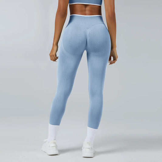 Leggings Vita Alta Senza Cuciture con Effetto Push Up e Bordo a Contrasto - Azzurro