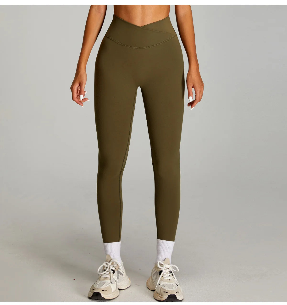 Leggings a Vita Alta con Cintura a V Incrociata - Verde Oliva