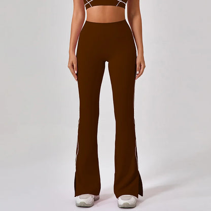 Pantalone a Zampa a Vita Alta con Spacco sul Fondo - Marrone Cioccolato