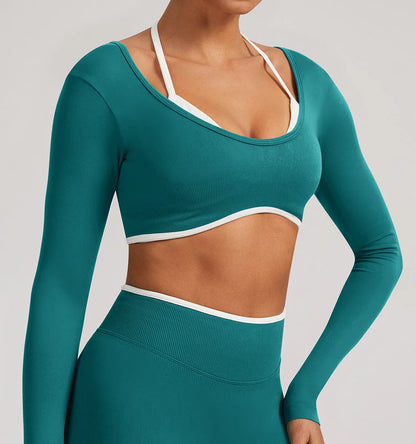 Top Corto a Maniche Lunghe Senza Cuciture con Schiena Scoperta e Bordo a Contrasto - Verde Petrolio